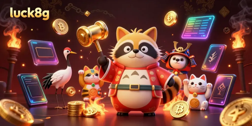 Engage with luck8g's festive casino adventure featuring a tanuki and lucky symbols.