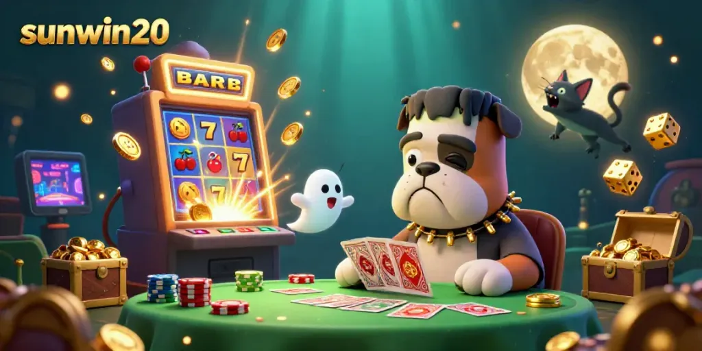 Experience the thrilling gameplay at sunwin20 with a vibrant scene featuring a Frankenstein bulldog monster and exciting casino elements.