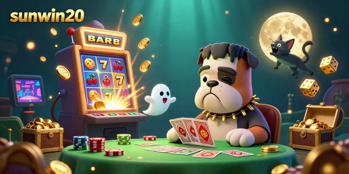 Experience the thrilling gameplay at sunwin20 with a vibrant scene featuring a Frankenstein bulldog monster and exciting casino elements.