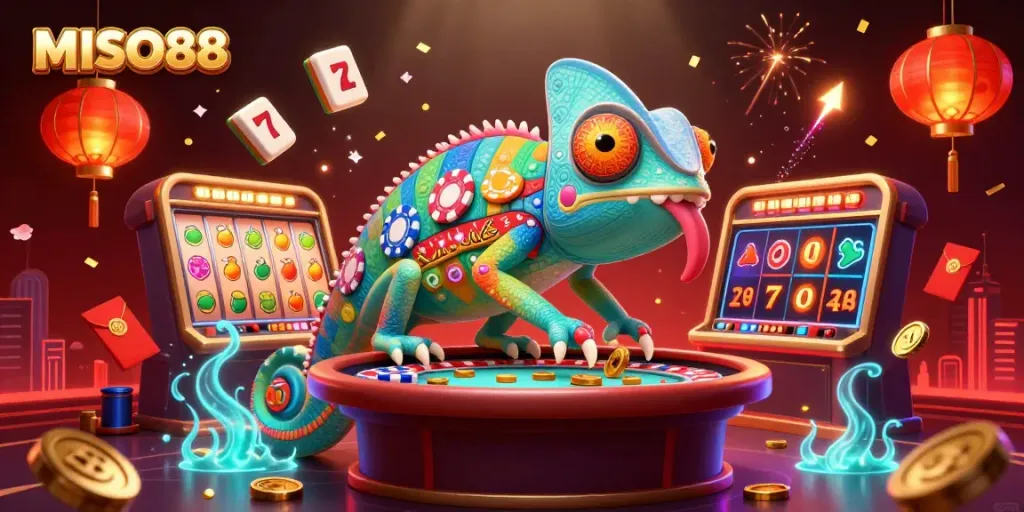 Engage in the vibrant world of MISO88 with a colorful chameleon casino owner capturing golden coins.