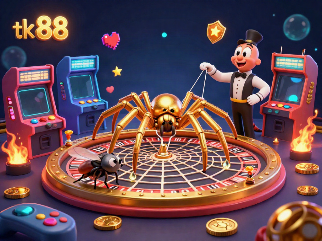 Experience thrilling bets and action at tk 88 with a 3D casino scene featuring gaming elements and vibrant characters.