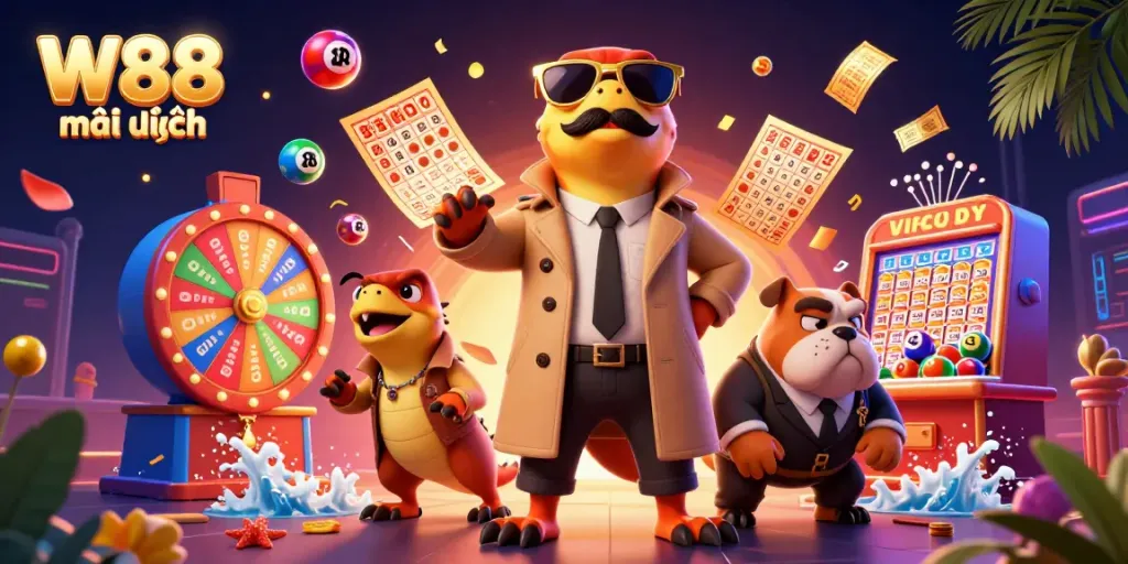 Experience W88 mới nhất with colorful lottery elements, three raptors in disguise, and a vigilant bulldog bouncer in a vibrant casino scene.