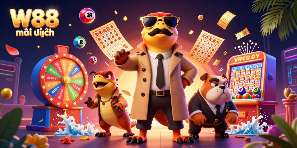 Experience W88 mới nhất with colorful lottery elements, three raptors in disguise, and a vigilant bulldog bouncer in a vibrant casino scene.