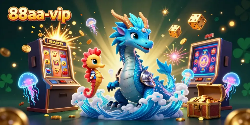 Experience the vibrant casino world with 88aa-vip, featuring a playful dragon, seahorse knight, and exciting gaming elements.