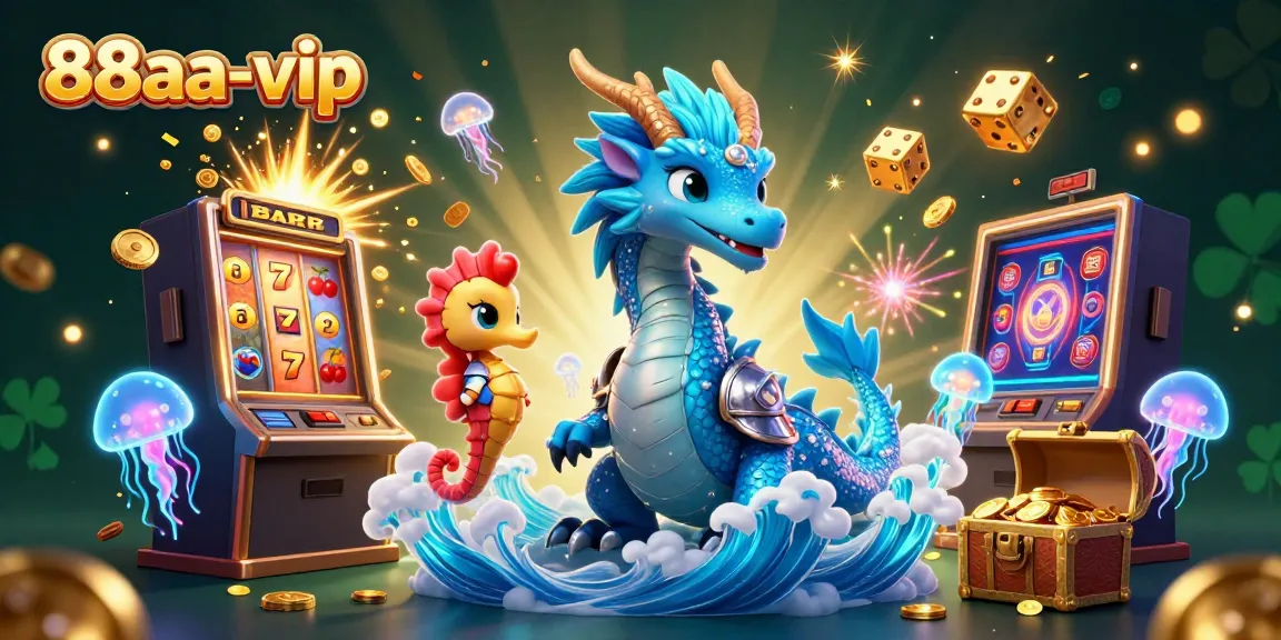 Experience the vibrant casino world with 88aa-vip, featuring a playful dragon, seahorse knight, and exciting gaming elements.