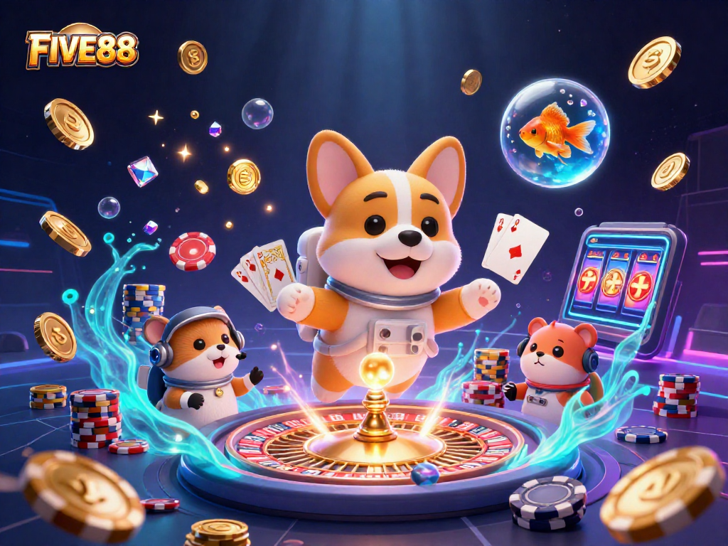 Experience the thrilling world of FIVE88 with a 3D illustration showcasing an astronaut corgi in a space casino.