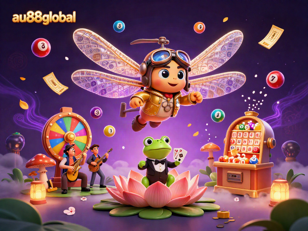 Exciting scene at au88global showcasing a vibrant lily pad casino with engaging characters in a magical environment.
