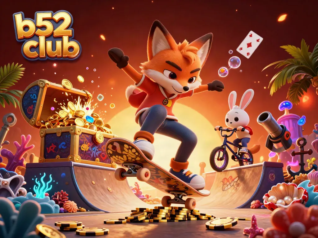 B52 club, a skateboarder fox and BMX-riding rabbit perform tricks over poker chips, surrounded by casino-themed treasures.