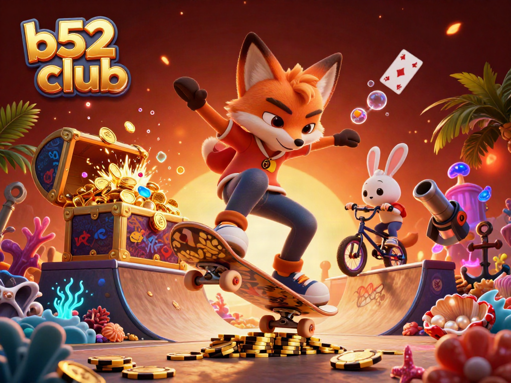 B52 club, a skateboarder fox and BMX-riding rabbit perform tricks over poker chips, surrounded by casino-themed treasures.
