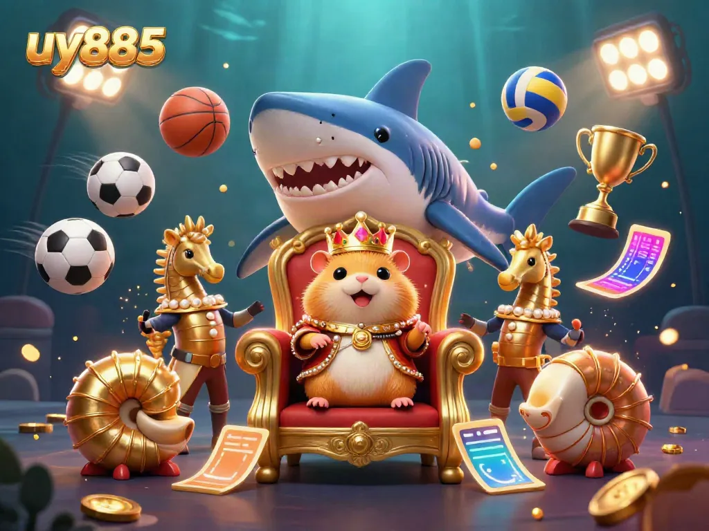 Experience thrilling wins at uy885 with a golden hamster king amidst dynamic casino elements.