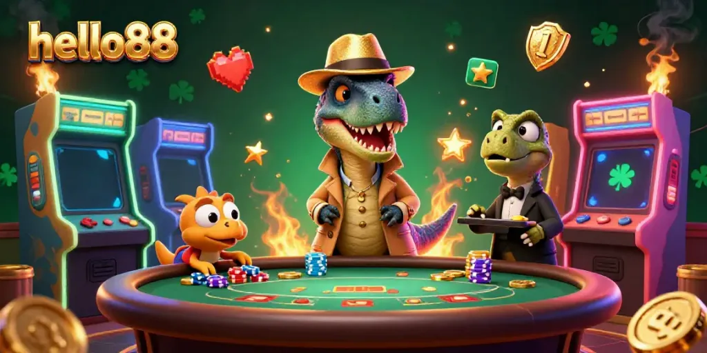 Engage with hello88's animated world as a velociraptor card counter at a vibrant blackjack table.