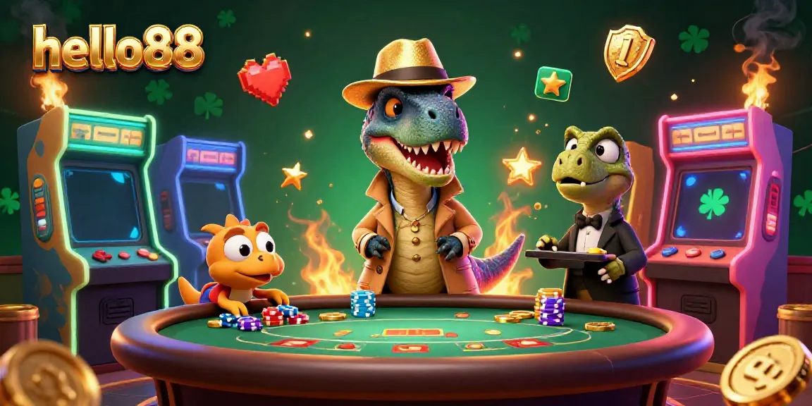 Engage with hello88's animated world as a velociraptor card counter at a vibrant blackjack table.
