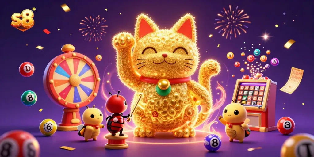 Engage in exciting casino adventures with the s8 themed giant lucky cat surrounded by vibrant gaming elements.