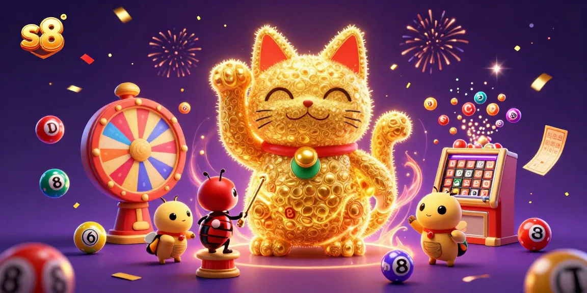 Engage in exciting casino adventures with the s8 themed giant lucky cat surrounded by vibrant gaming elements.