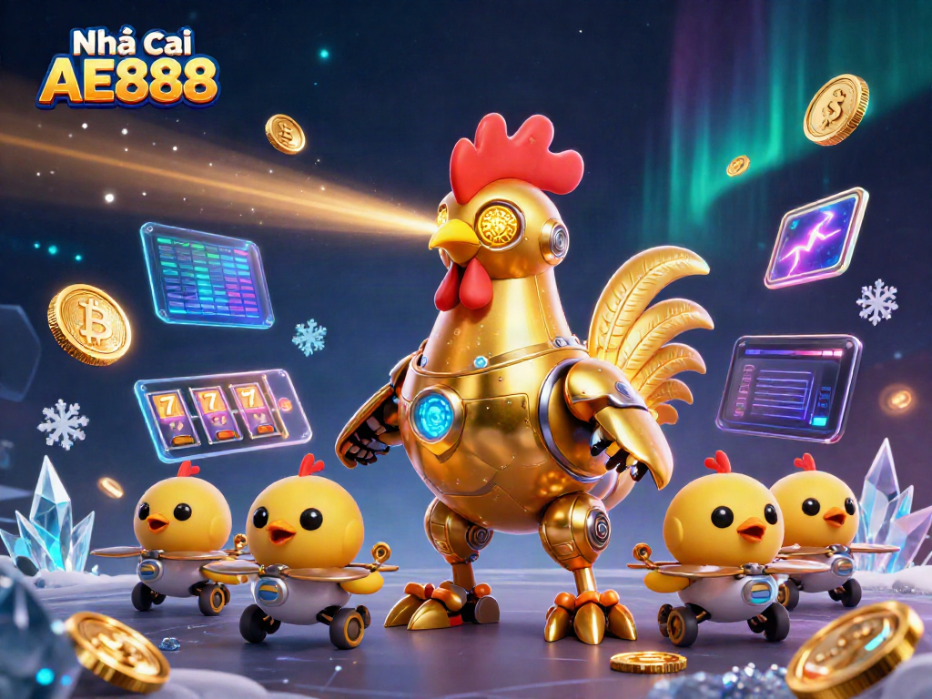 Engage with Nhà cái AE888 as a golden rooster robot illuminates with slot reels and crypto coins.