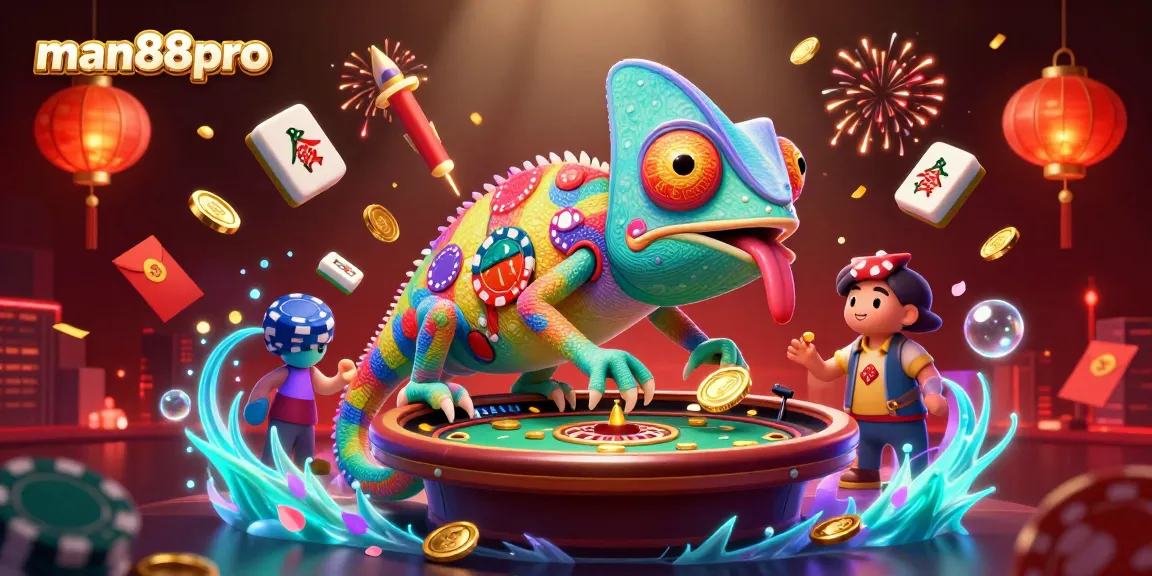 Engage with man88pro's vibrant online casino world featuring colorful chameleon and dynamic game elements.