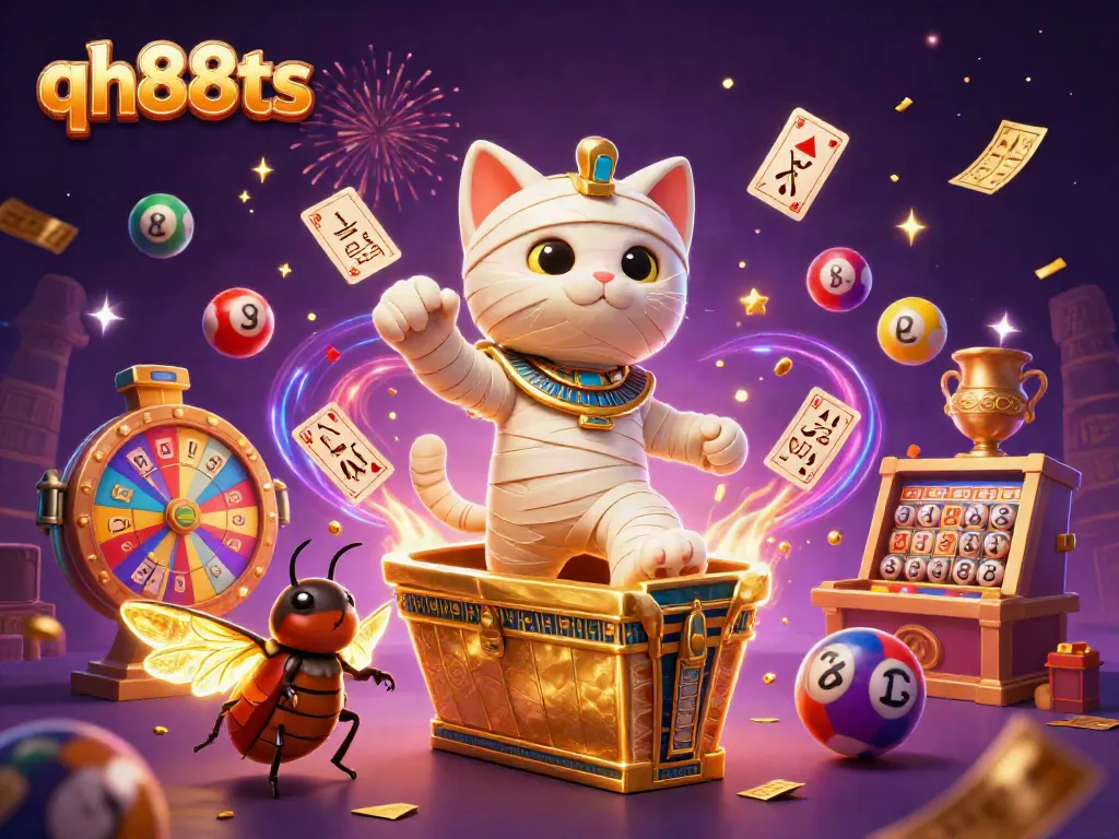 Join the excitement at qh88ts with a mummy cat, glowing scarab, and dynamic casino elements.