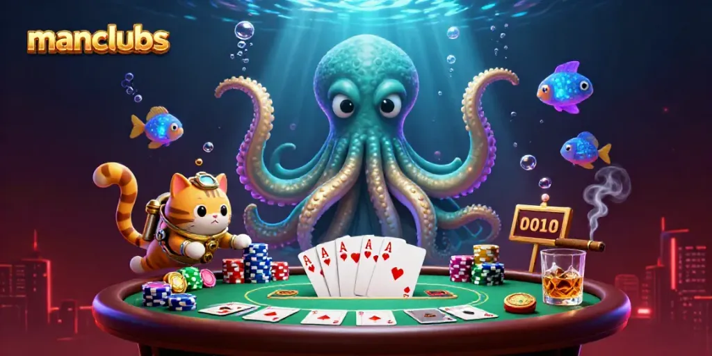 Experience endless fun with manclubs as golden tentacles rise in a vibrant ocean casino scene.