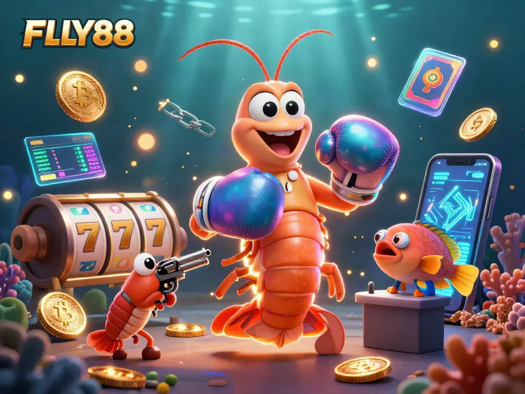 Engage with FLY88's thrilling casino experience featuring vibrant shrimp champions in a lively underwater scene.