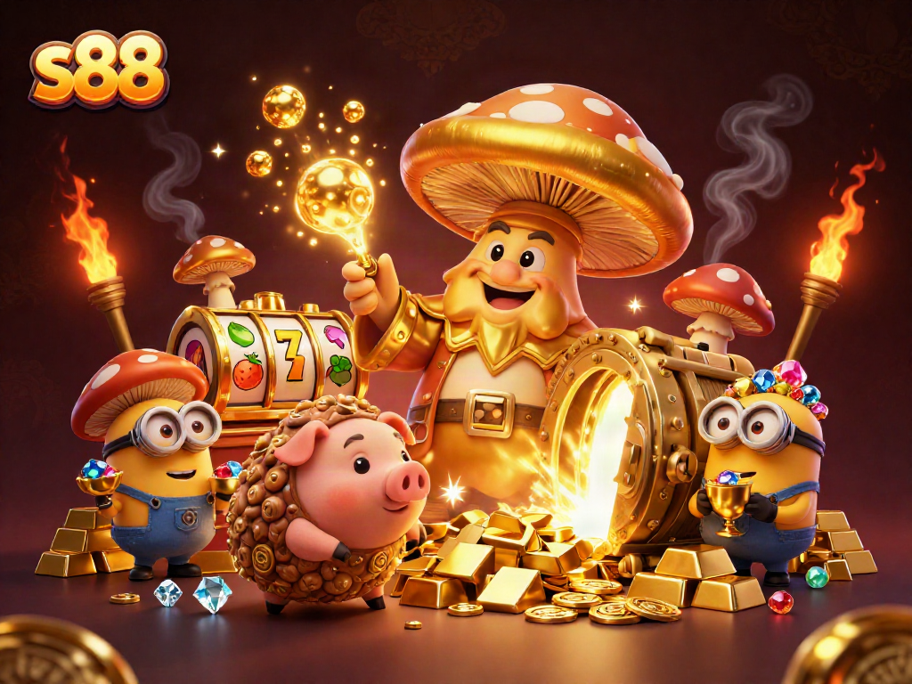 Engage with the magical world of s88 casino through a vibrant illustration of a golden wizard and treasures.