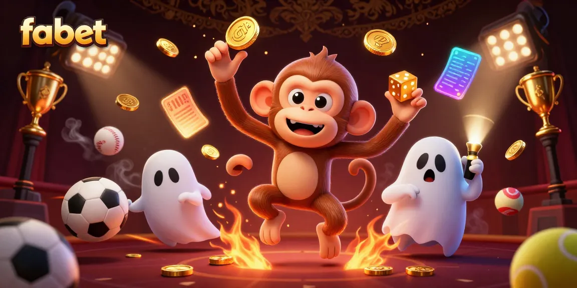 Engaging image of fabet's playful ghost monkey juggling winnings in a vibrant casino atmosphere