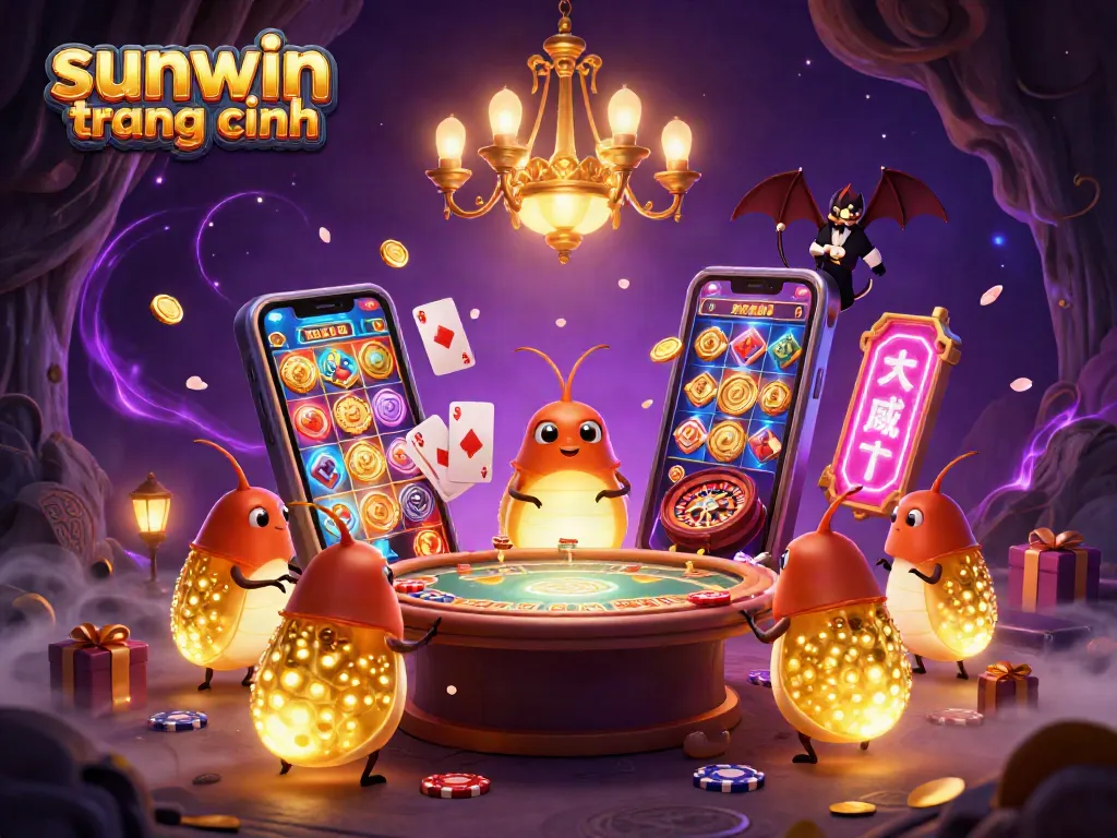 Experience the excitement of sunwin trang chính with vibrant glowworm characters lighting a casino.