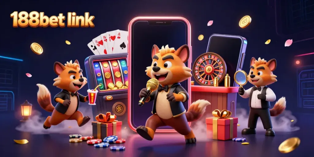 Experience the excitement of the 188bet link with playful hyenas in a vibrant casino setting.