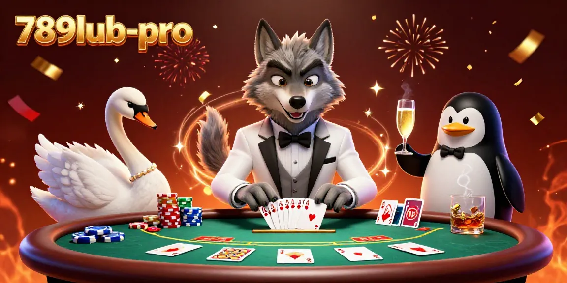 Engage in thrilling baccarat action with 789lub-pro featuring a stylish wolf, swan dealer, and penguin sommelier.