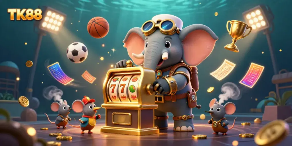 Engage in the exciting world of TK88 with animated slot action and dynamic sports elements in a beautifully crafted scene.