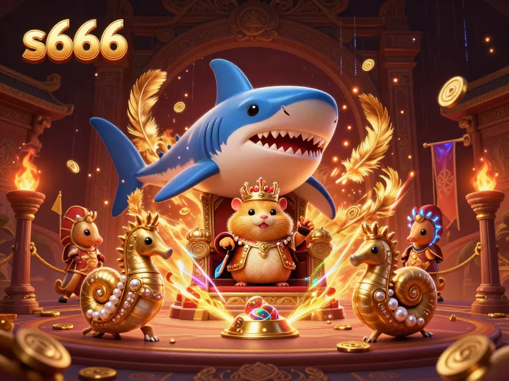 S666 casino features a golden hamster king on a megalodon throne, showcasing vibrant gaming elements.