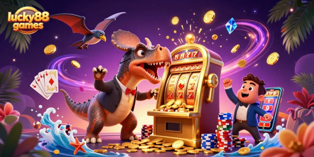 Catch jackpot coins with lucky88games in this vibrant 3D casino scene featuring dinosaurs.