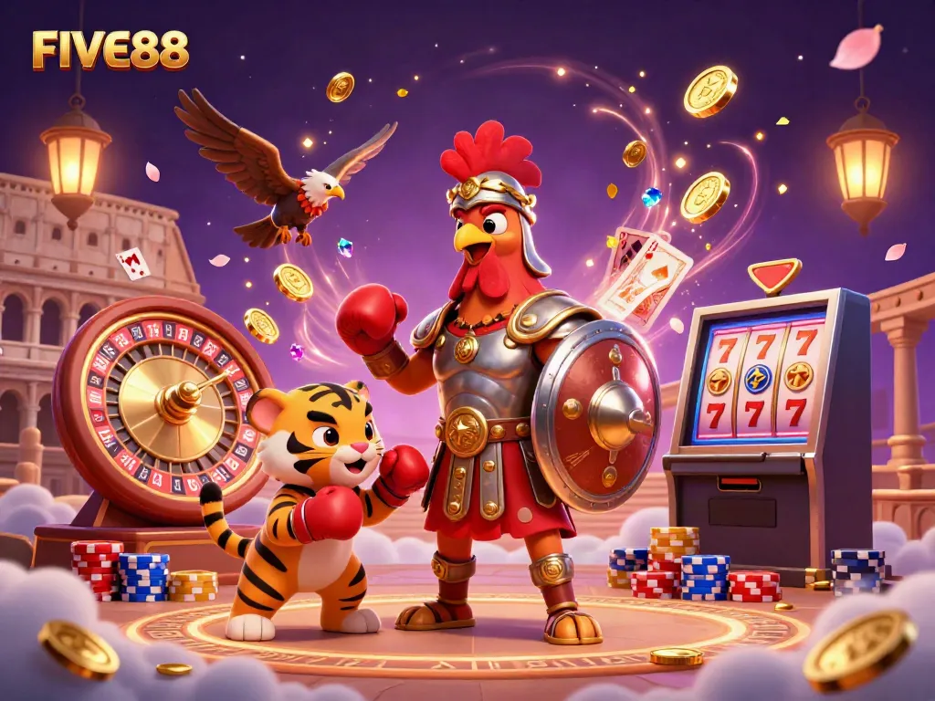 Embrace the thrill of FIVE88 with a dynamic 3D casino scene featuring a gladiator rooster and jackpot elements.