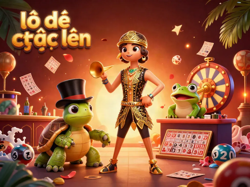 Experience thrilling lô đề trực tuyến with vibrant 3D characters, lively lottery atmosphere, and a dynamic scene.