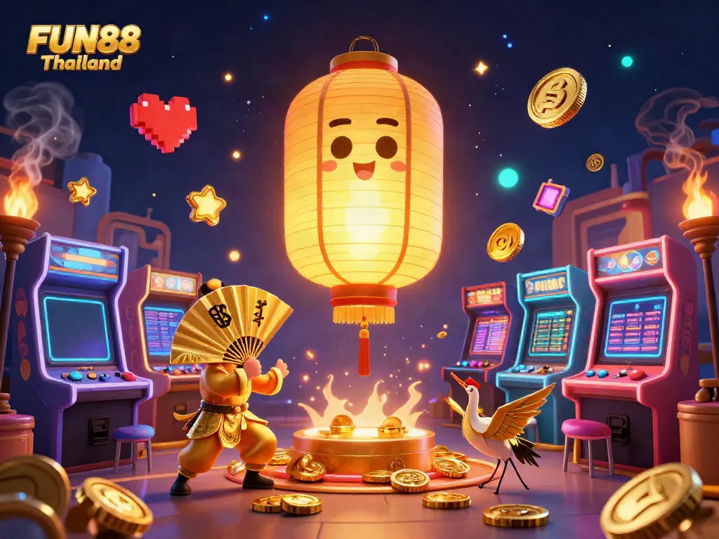 Experience gaming excitement with FUN88 Thailand in a captivating night market casino scene full of vibrant game elements.