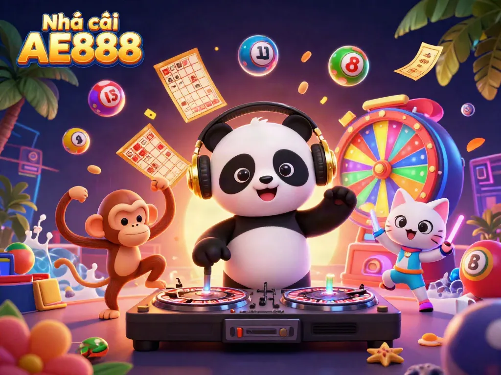 Engage with Nhà cái AE888 through a vibrant 3D illustration showcasing exciting casino elements and lively characters.