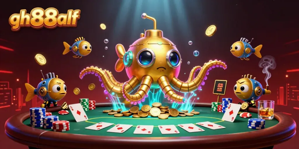 Experience thrilling gameplay with the dynamic qh88alf casino scene filled with golden kraken hybrid and poker elements.
