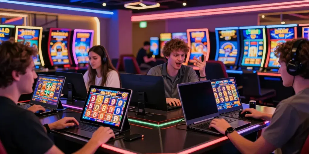 Excited players enjoying da88 slot games in a vibrant online casino.
