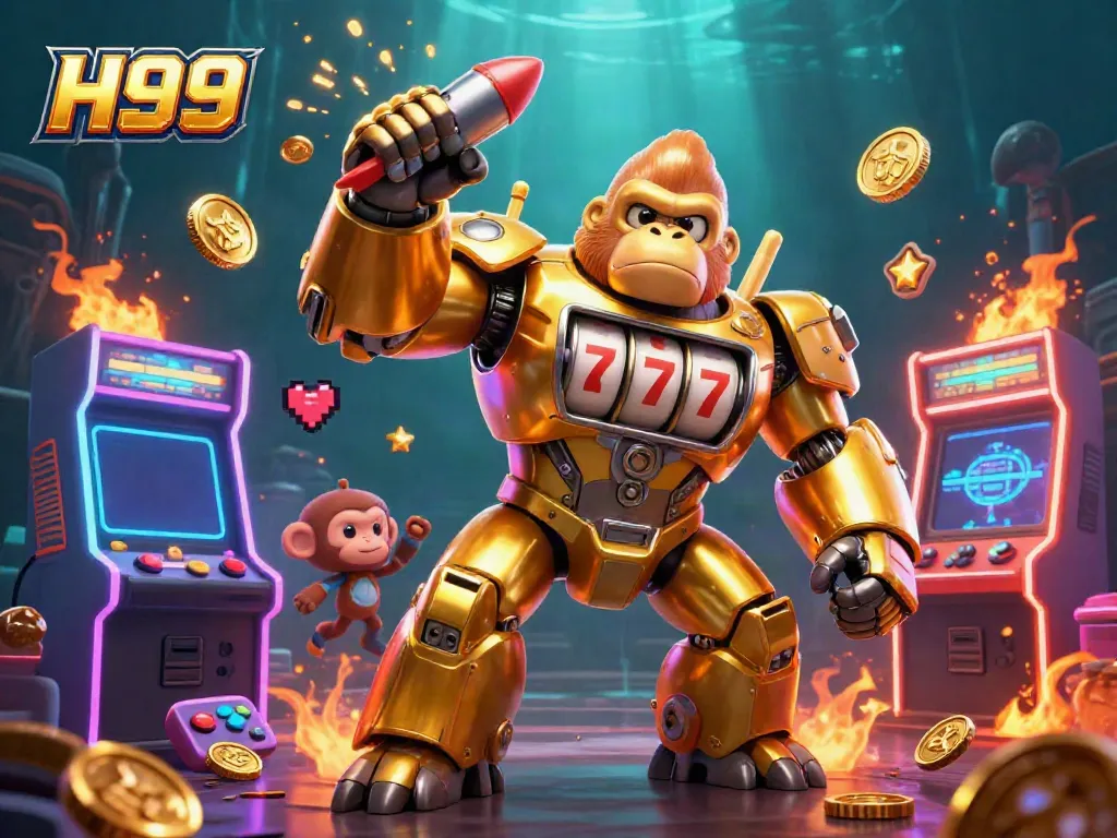 Experience casino excitement with H99’s dynamic golden gorilla mech bursting with coins.