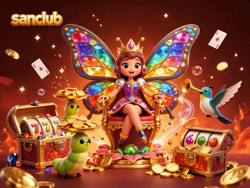 Experience an enchanting scene with sanclub's butterfly queen presiding over a vibrant casino atmosphere filled with rich gaming elements.