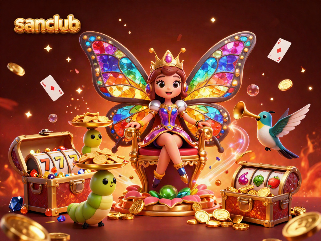 Experience an enchanting scene with sanclub's butterfly queen presiding over a vibrant casino atmosphere filled with rich gaming elements.
