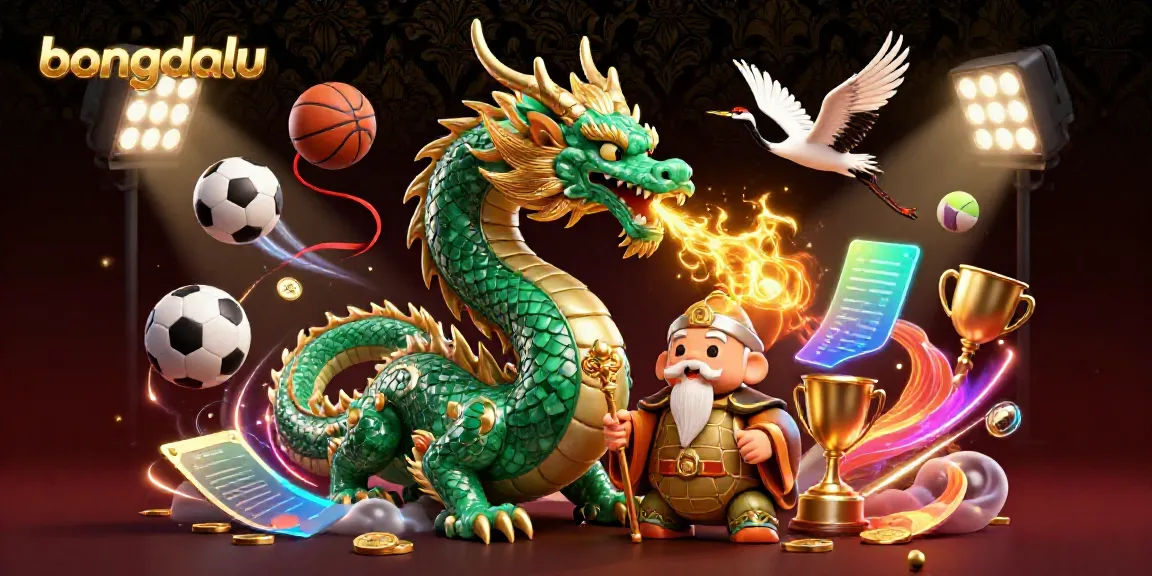 Bongdalu showcases a thrilling sports betting scene with dynamic sports balls and a jade dragon in a magical illustration.