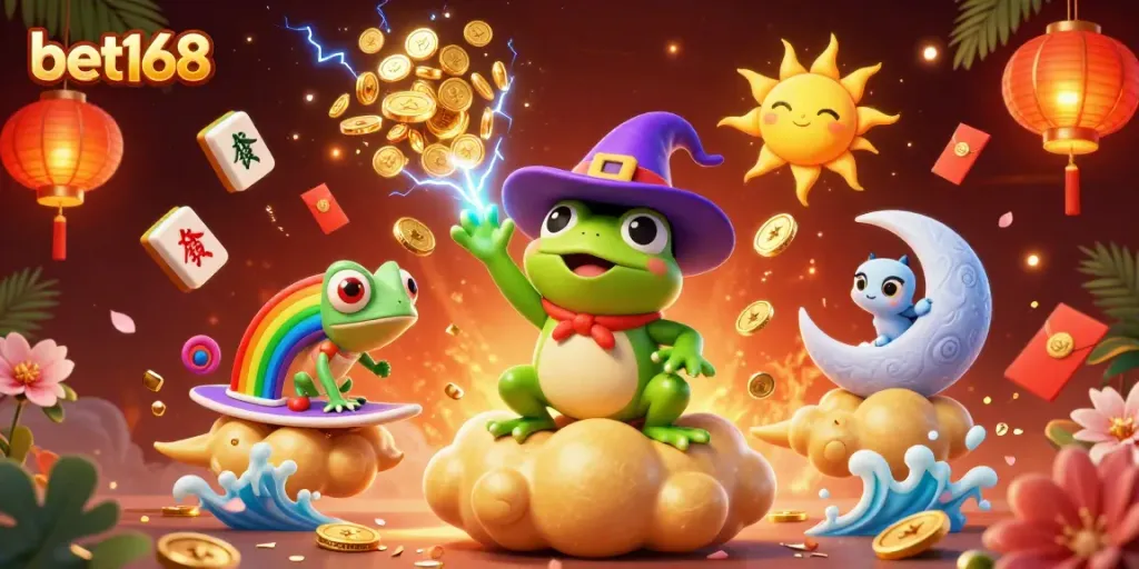 Experience excitement with bet168 as a weather wizard frog conjures golden coins amidst vibrant casino elements.