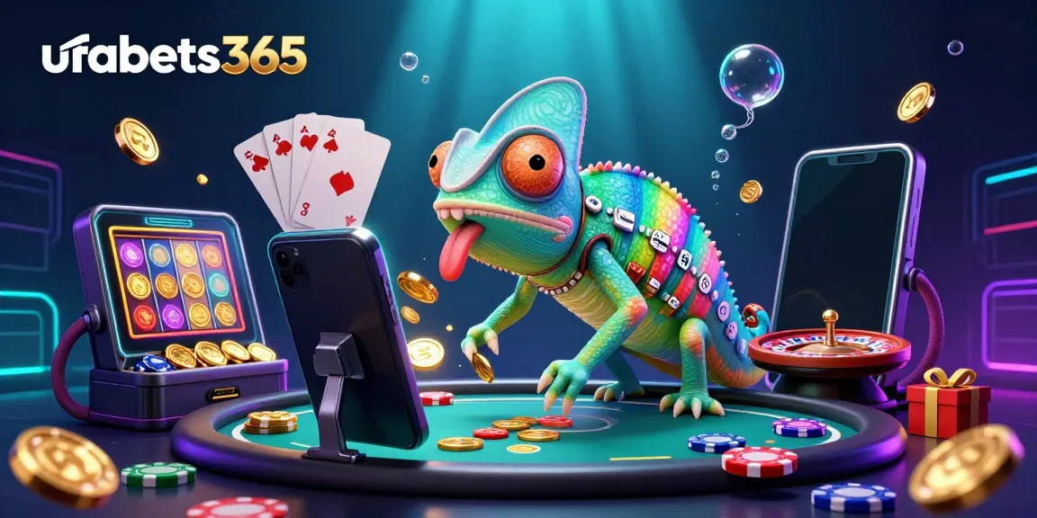 Engage in exciting games at ufabets365 with our vibrant 3D chameleon casino illustration.