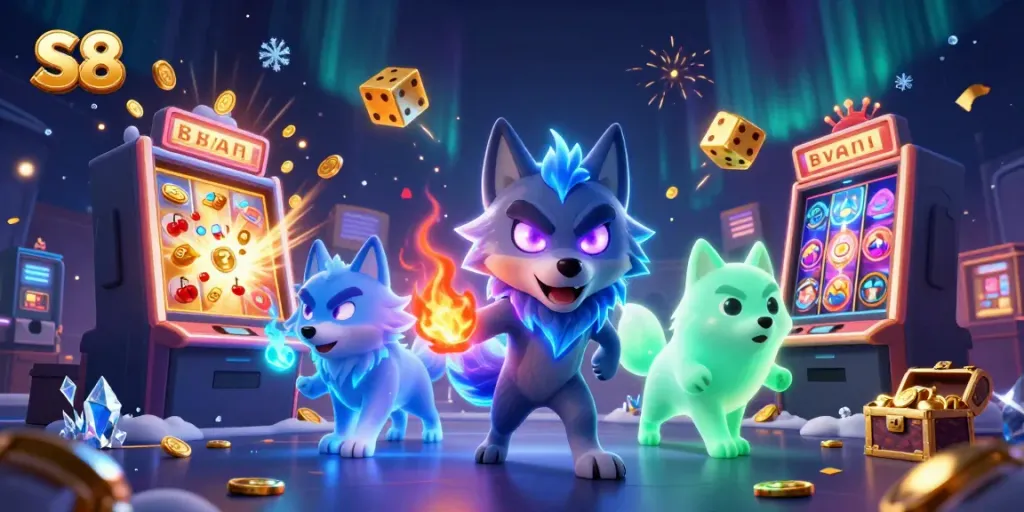 S8's vibrant casino action featuring a glowing wolf leader, exciting slot machine, and magical atmosphere.