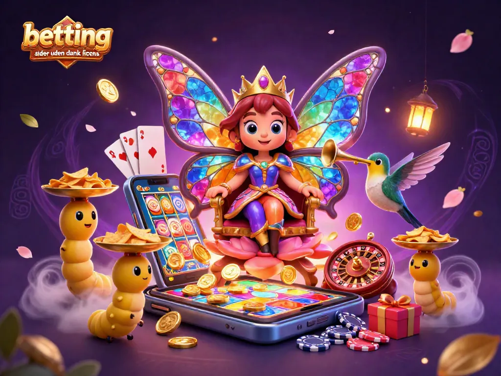 Betting sider uden dansk licens showcase with a 3D cartoon butterfly queen, vibrant casino visuals, and engaging gameplay elements.