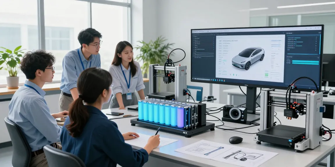 Engineers collaborating on innovative EV technology design with advanced battery models in a bright modern lab.