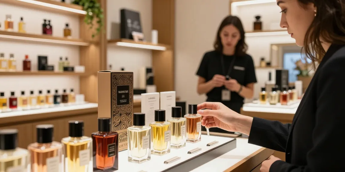 Een klant die een luxe niche parfum bekijkt in een moderne winkel, met mooi gepresenteerde flessen en warme verlichting.