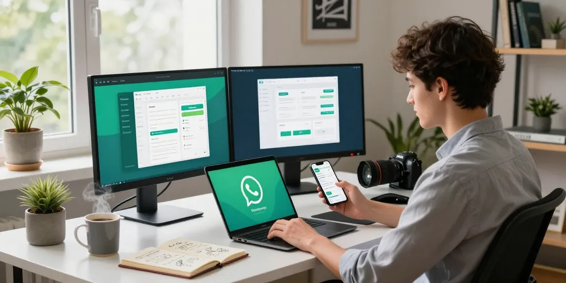 Professional using WhatsApp電腦版 on a laptop in a modern home office.