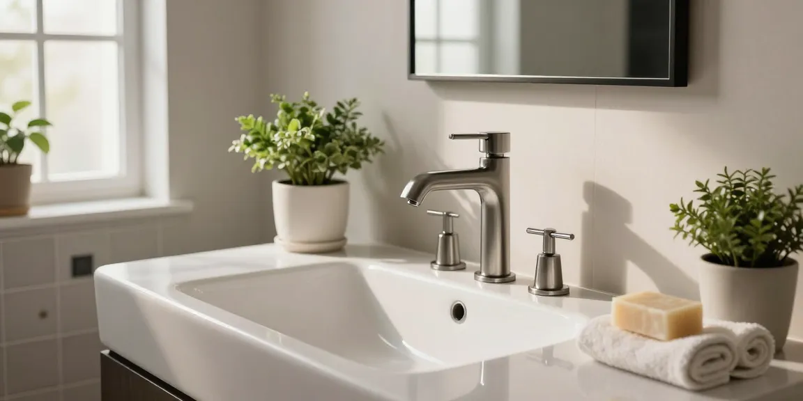 Industriële gunmetal kraan in moderne badkamer met luxe uitstraling en sfeervolle verlichting.
