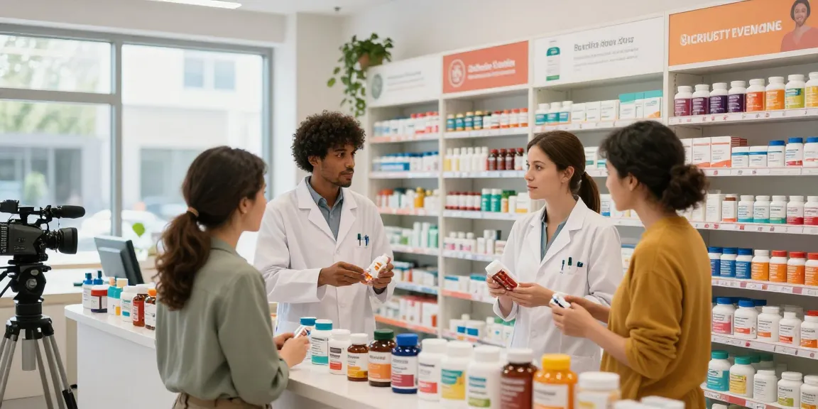 Unieke Pharma Shop biedt deskundige ondersteuning met gezondheidssupplementen in een moderne apotheek.